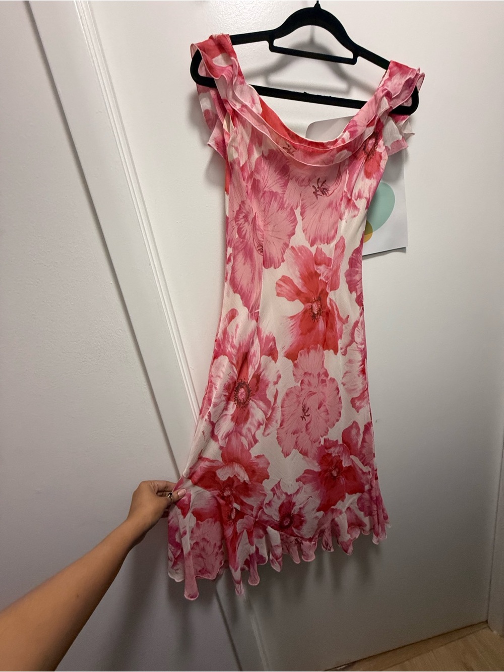 Vintage Zara Pink & White Floral Off-Shoulder Ruffle Chiffon Midi Dress US 4